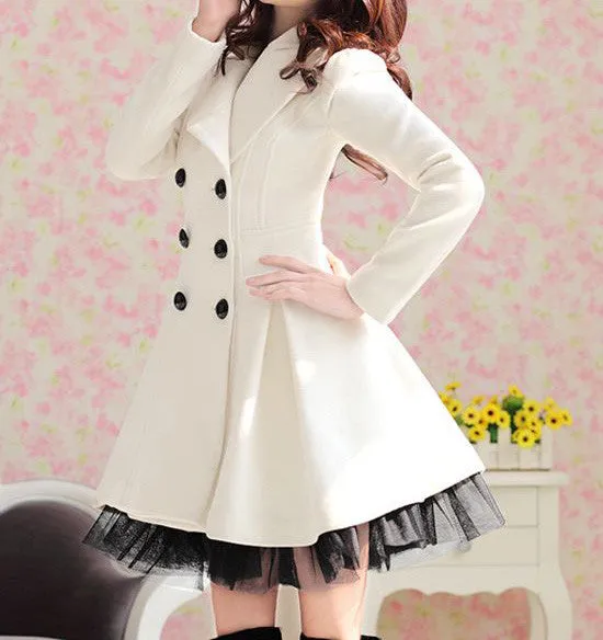 Double-Breasted Beam Waist Ruffles Women's Coat