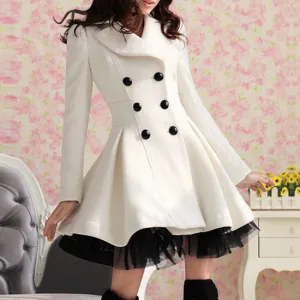 Double-Breasted Beam Waist Ruffles Women's Coat