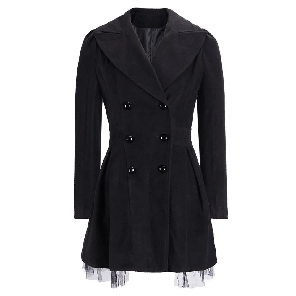 Double-Breasted Beam Waist Ruffles Women's Coat