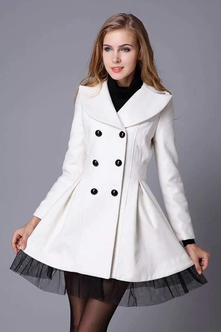 Double-Breasted Beam Waist Ruffles Women's Coat