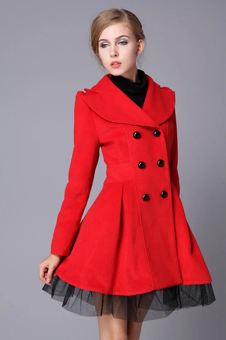 Double-Breasted Beam Waist Ruffles Women's Coat