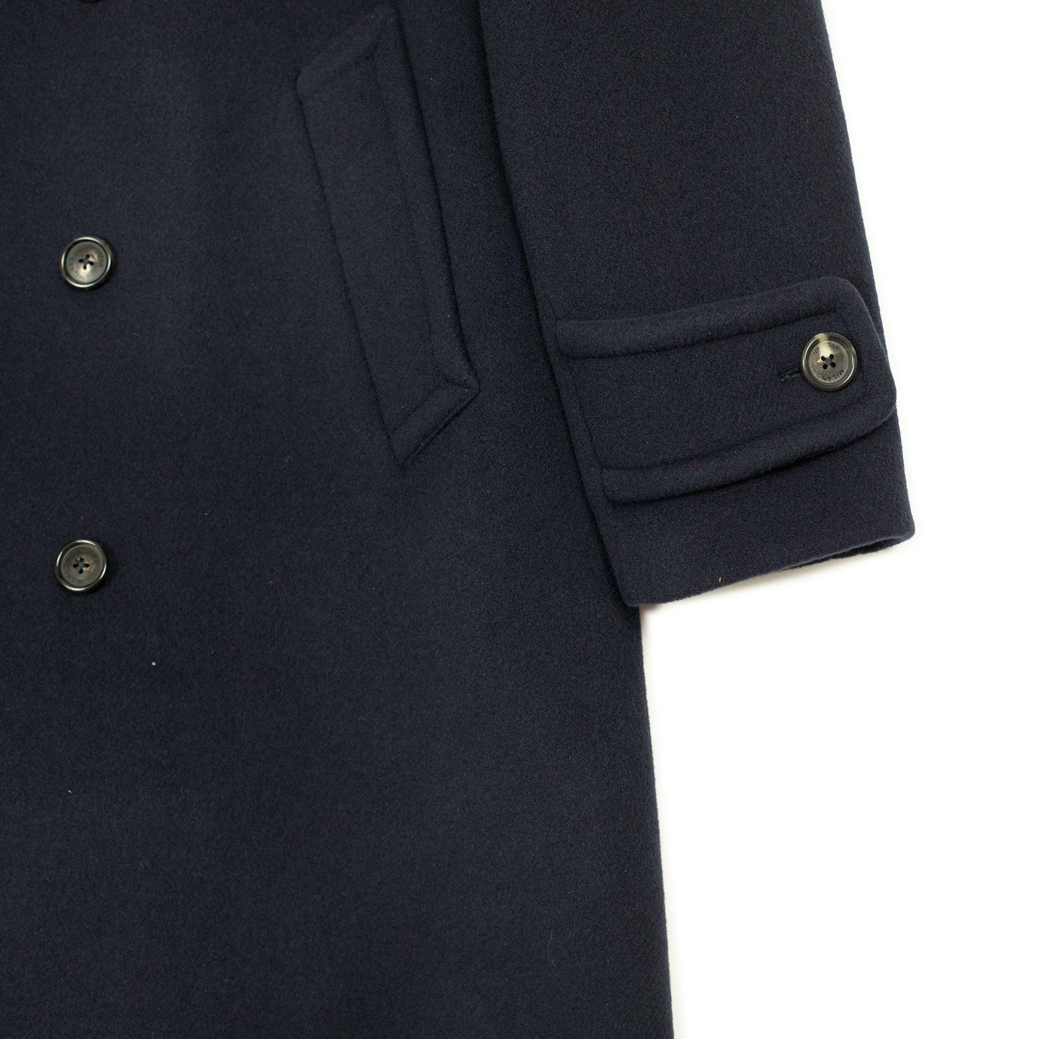 Double-breasted bridge coat in navy wool/cashmere felt