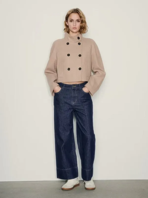 Double Breasted Woolen Jacket | Stand Collar Crop Peacoat