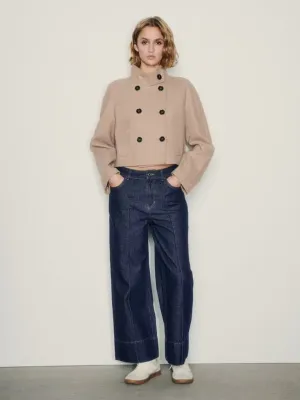 Double Breasted Woolen Jacket | Stand Collar Crop Peacoat