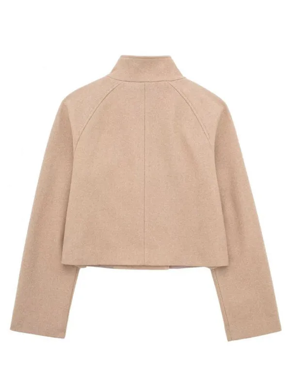 Double Breasted Woolen Jacket | Stand Collar Crop Peacoat