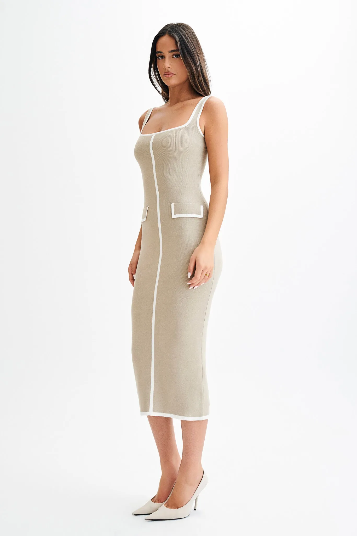 Eimear Contrast Knit Midi Dress - Taupe & Ivory