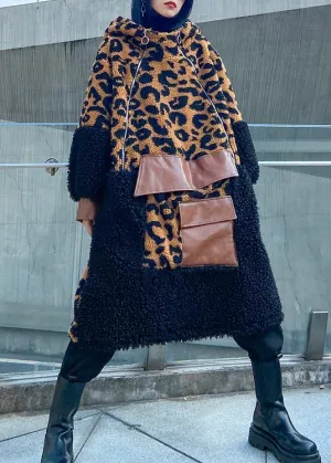 Elegant chocolate Leopard Woolen Coat Women winter coat hooded zippered coat