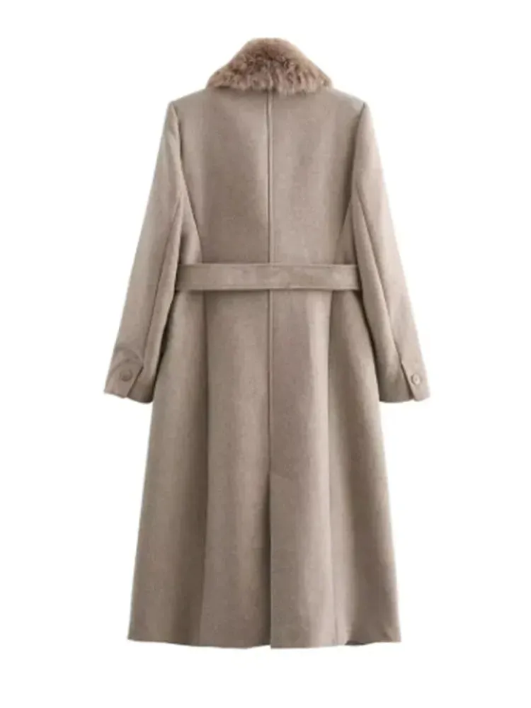 Elegant Faux fur lapel collar trench coat pea coat