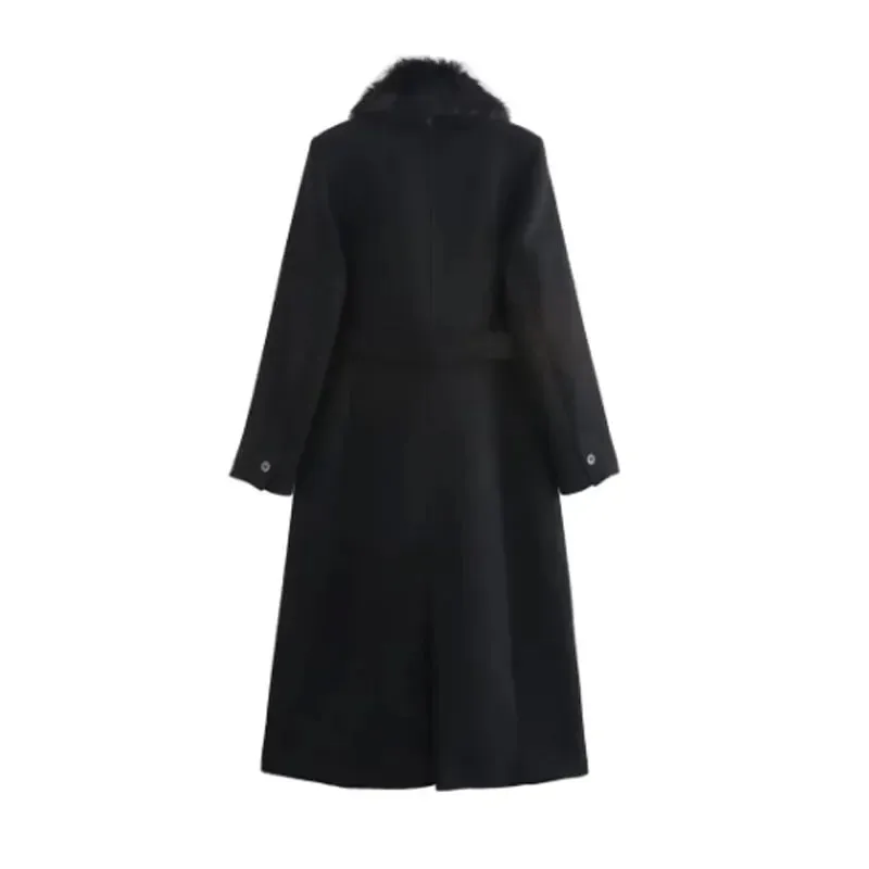 Elegant Faux fur lapel collar trench coat pea coat