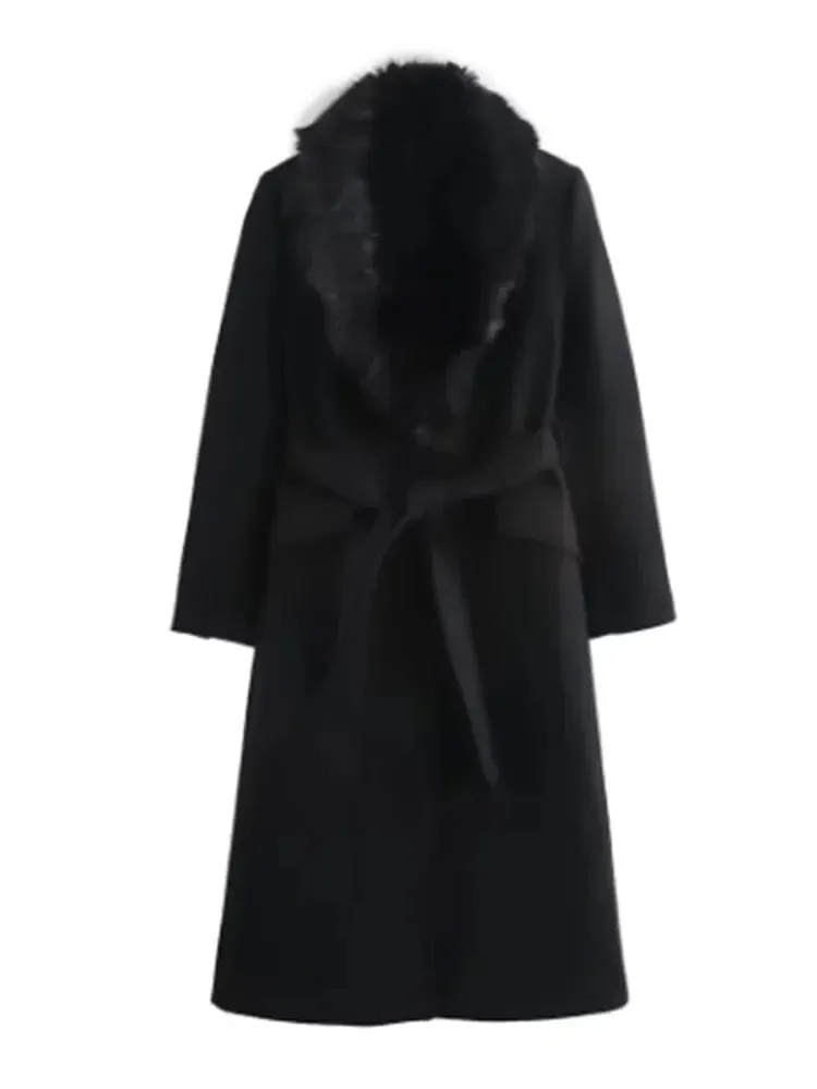 Elegant Faux fur lapel collar trench coat pea coat