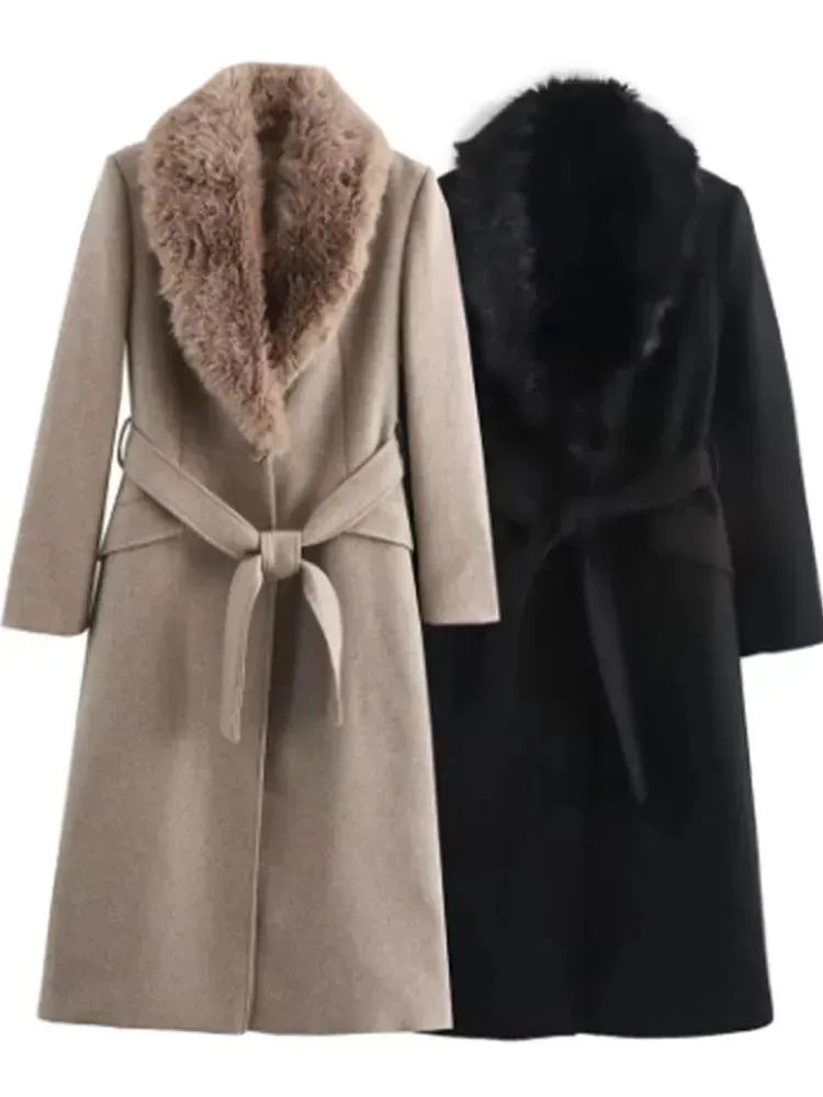 Elegant Faux fur lapel collar trench coat pea coat