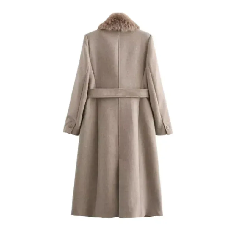 Elegant Faux fur lapel collar trench coat pea coat