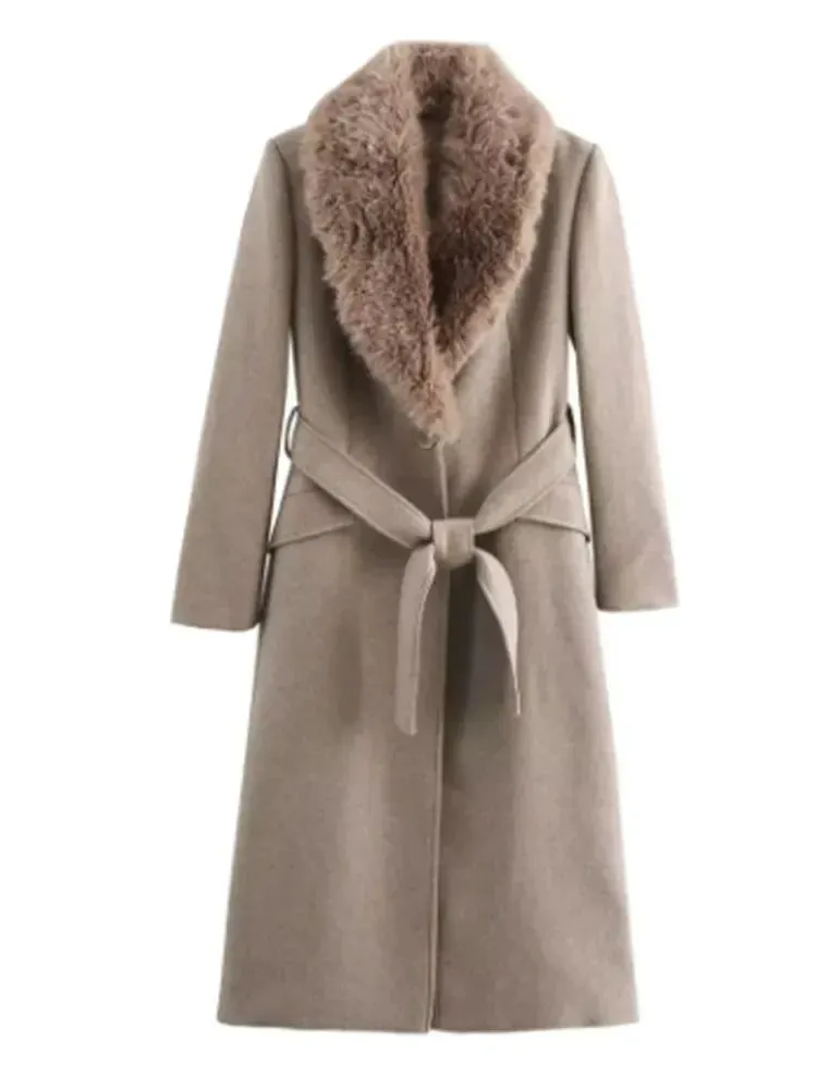 Elegant Faux fur lapel collar trench coat pea coat