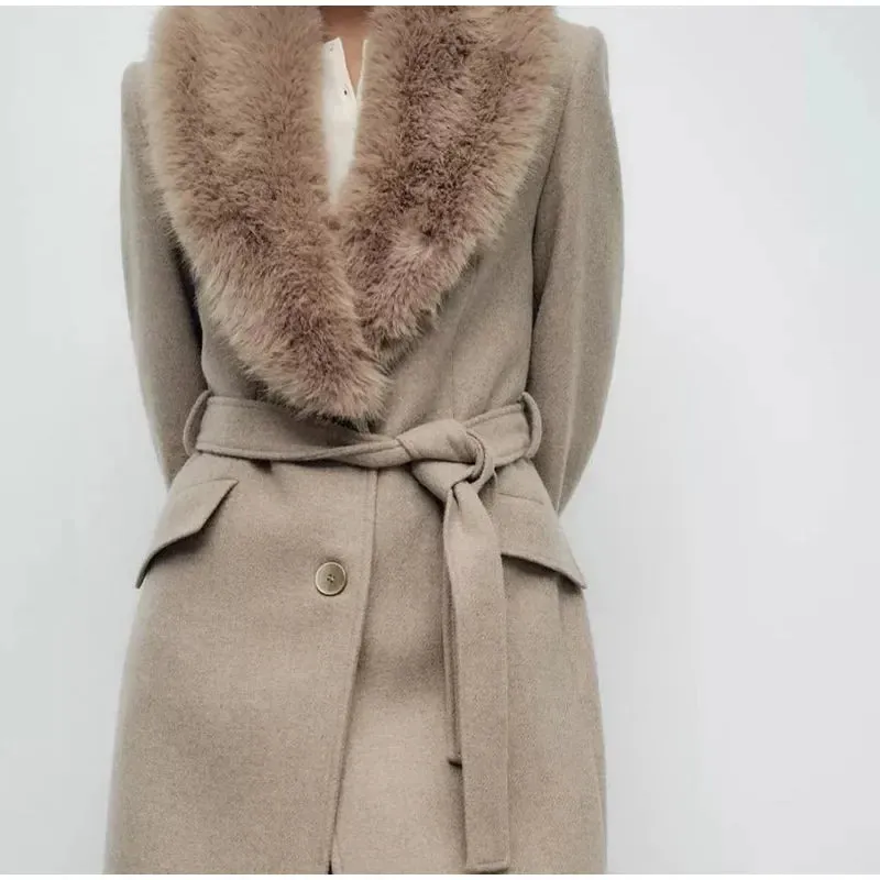 Elegant Faux fur lapel collar trench coat pea coat