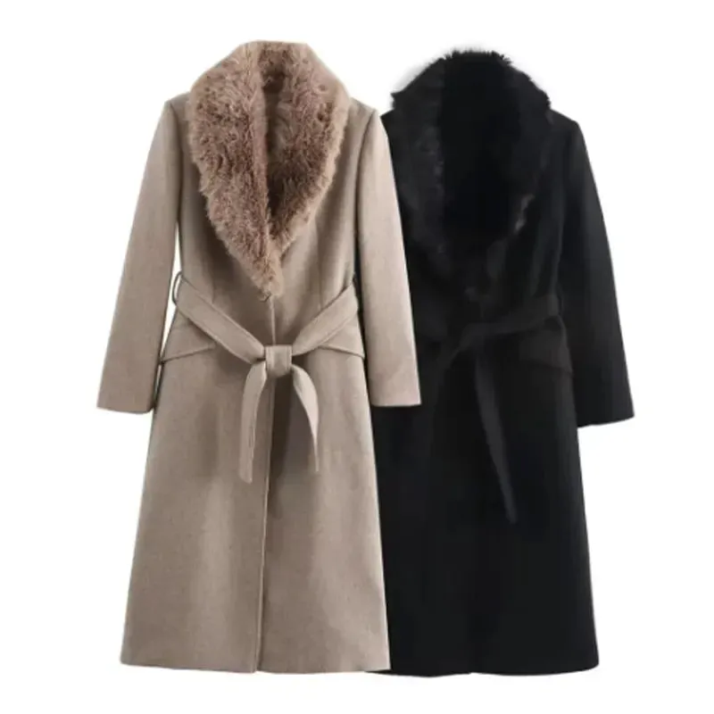 Elegant Faux fur lapel collar trench coat pea coat