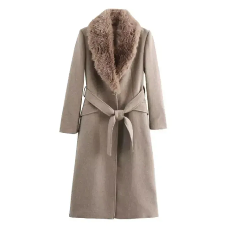 Elegant Faux fur lapel collar trench coat pea coat