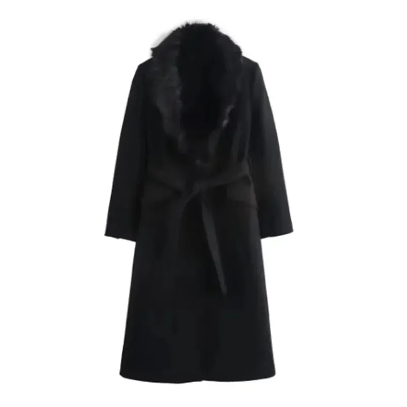 Elegant Faux fur lapel collar trench coat pea coat