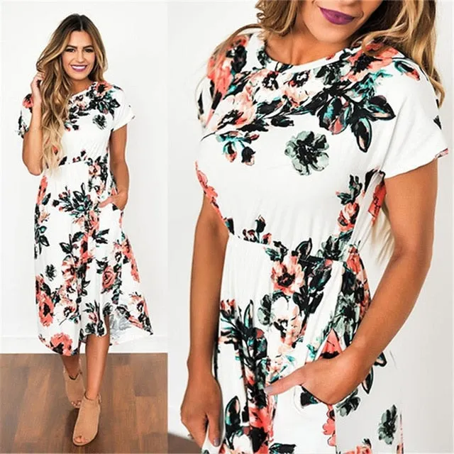 Elegant Trendy Ladies' Floral Print Long Dress With Pocket For Summer Beach