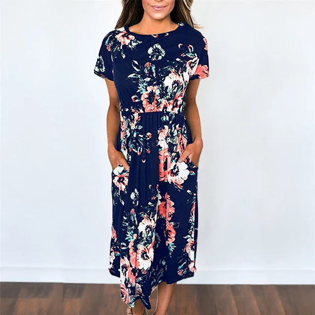 Elegant Trendy Ladies' Floral Print Long Dress With Pocket For Summer Beach