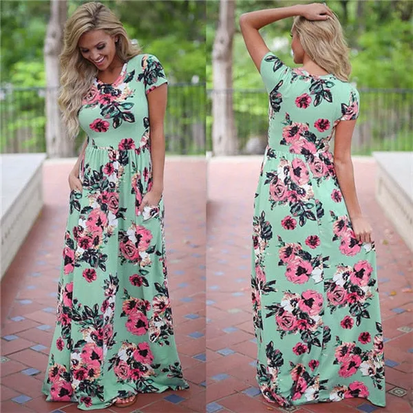 Elegant Trendy Ladies' Floral Print Long Dress With Pocket For Summer Beach