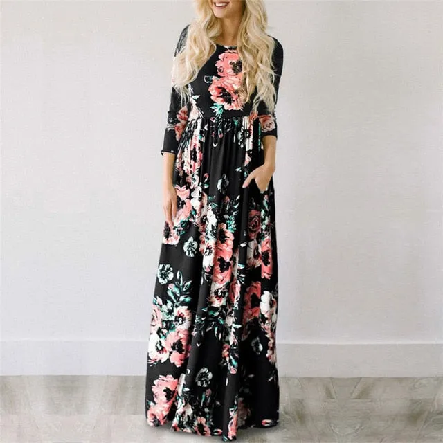 Elegant Trendy Ladies' Floral Print Long Dress With Pocket For Summer Beach