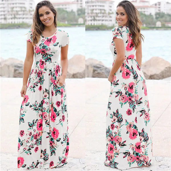 Elegant Trendy Ladies' Floral Print Long Dress With Pocket For Summer Beach