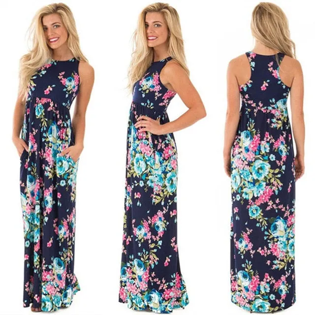 Elegant Trendy Ladies' Floral Print Long Dress With Pocket For Summer Beach