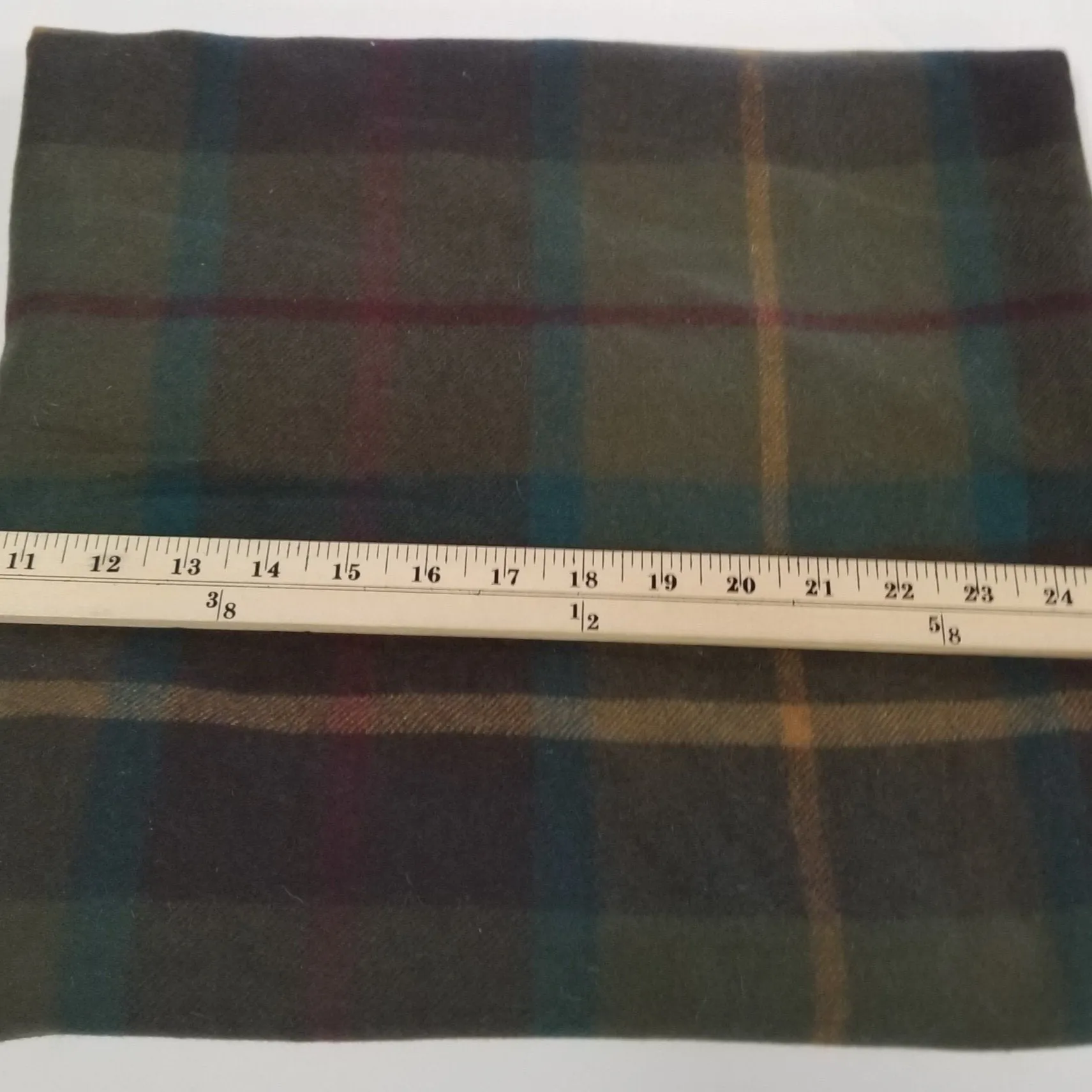 End of bolt: 2 yards of Wool Blend Melton Plaid Coating Olive and Teal Woven-remnant