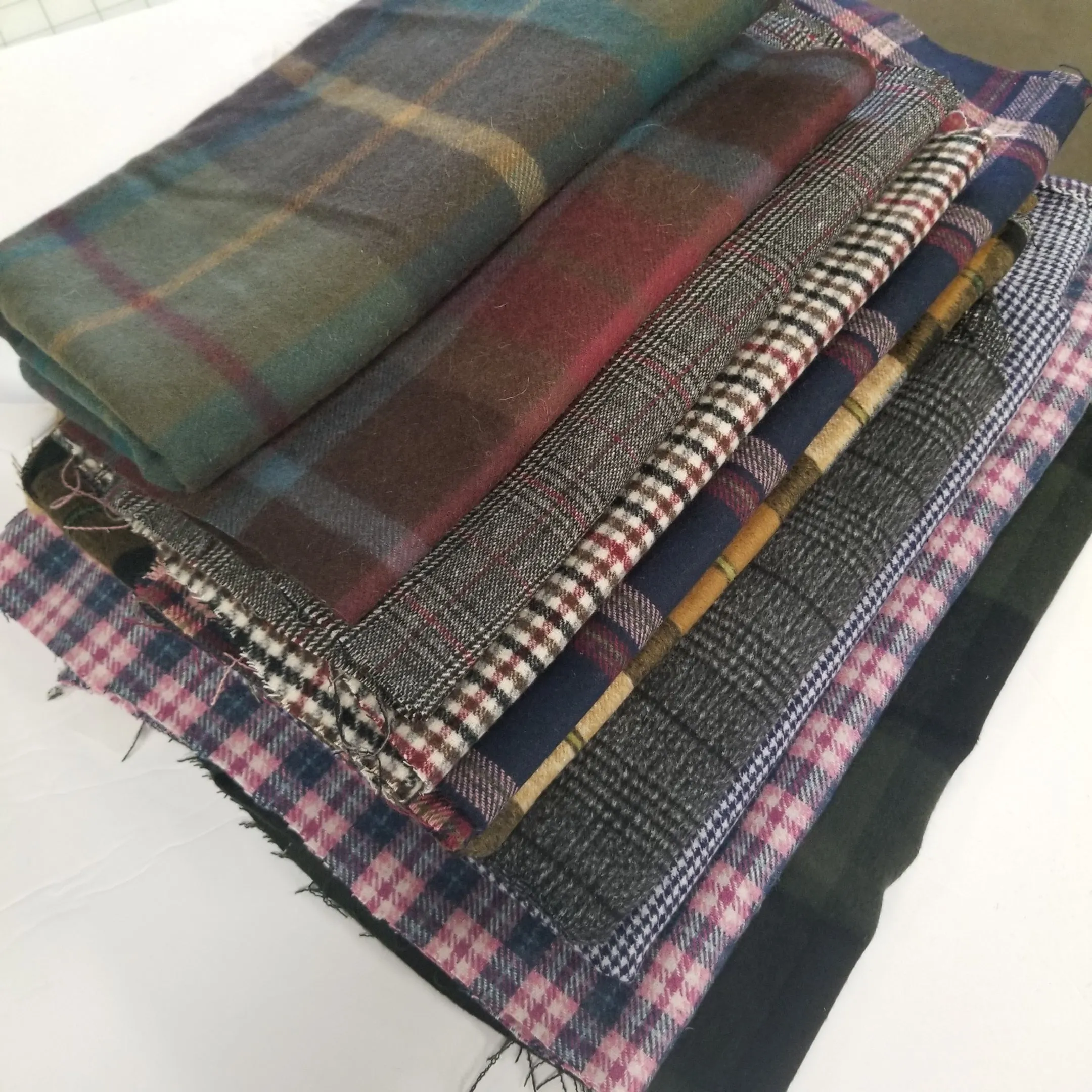 End of bolt: 2 yards of Wool Blend Melton Plaid Coating Olive and Teal Woven-remnant