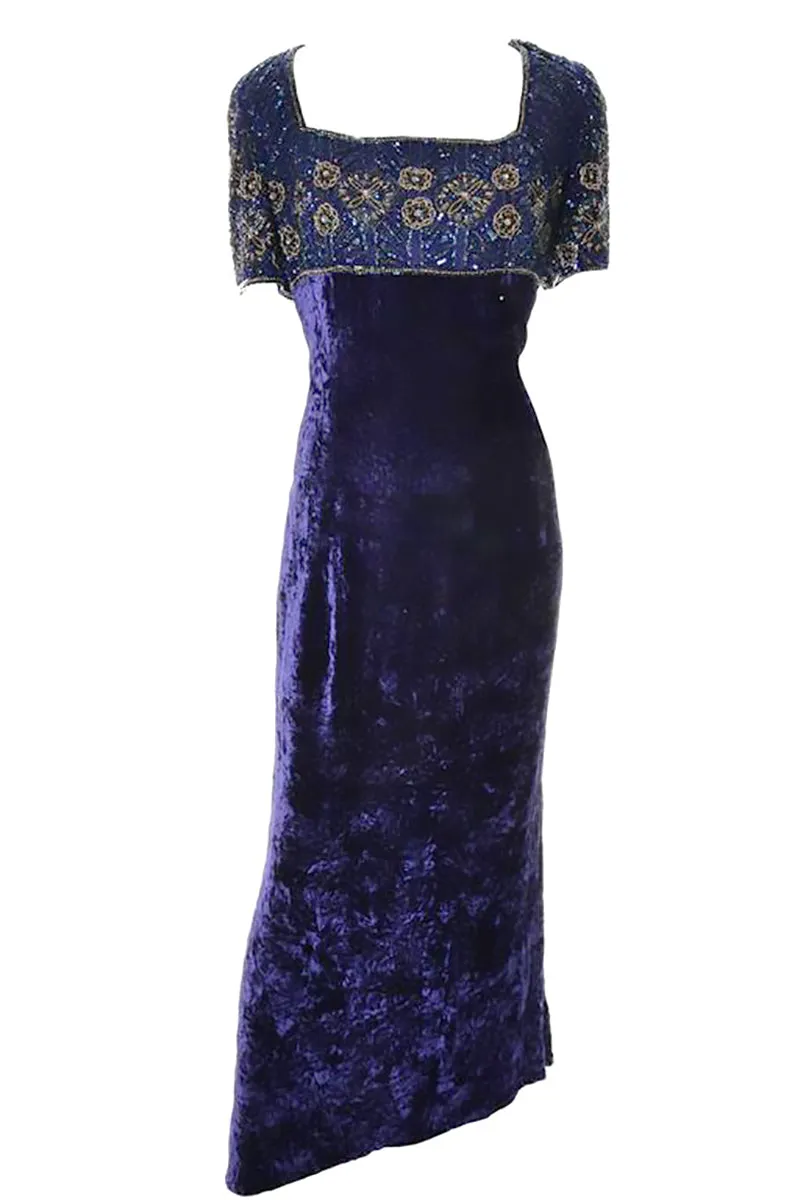 Escada Couture Purple Crushed Velvet Vintage Dress Evening Gown w/ Beading Sequins 40