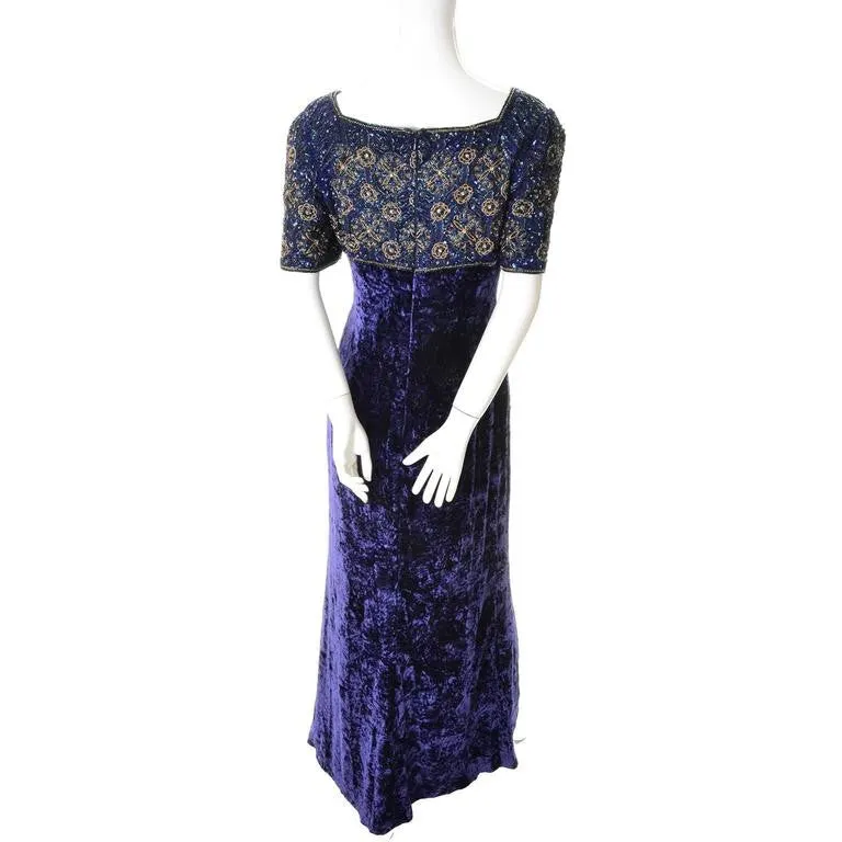 Escada Couture Purple Crushed Velvet Vintage Dress Evening Gown w/ Beading Sequins 40