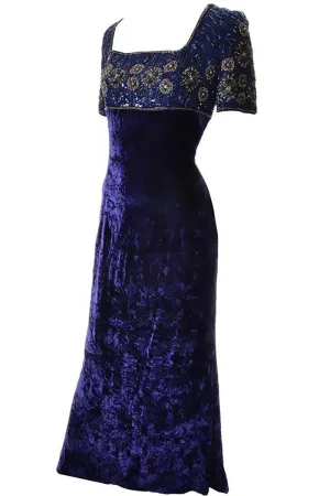 Escada Couture Purple Crushed Velvet Vintage Dress Evening Gown w/ Beading Sequins 40