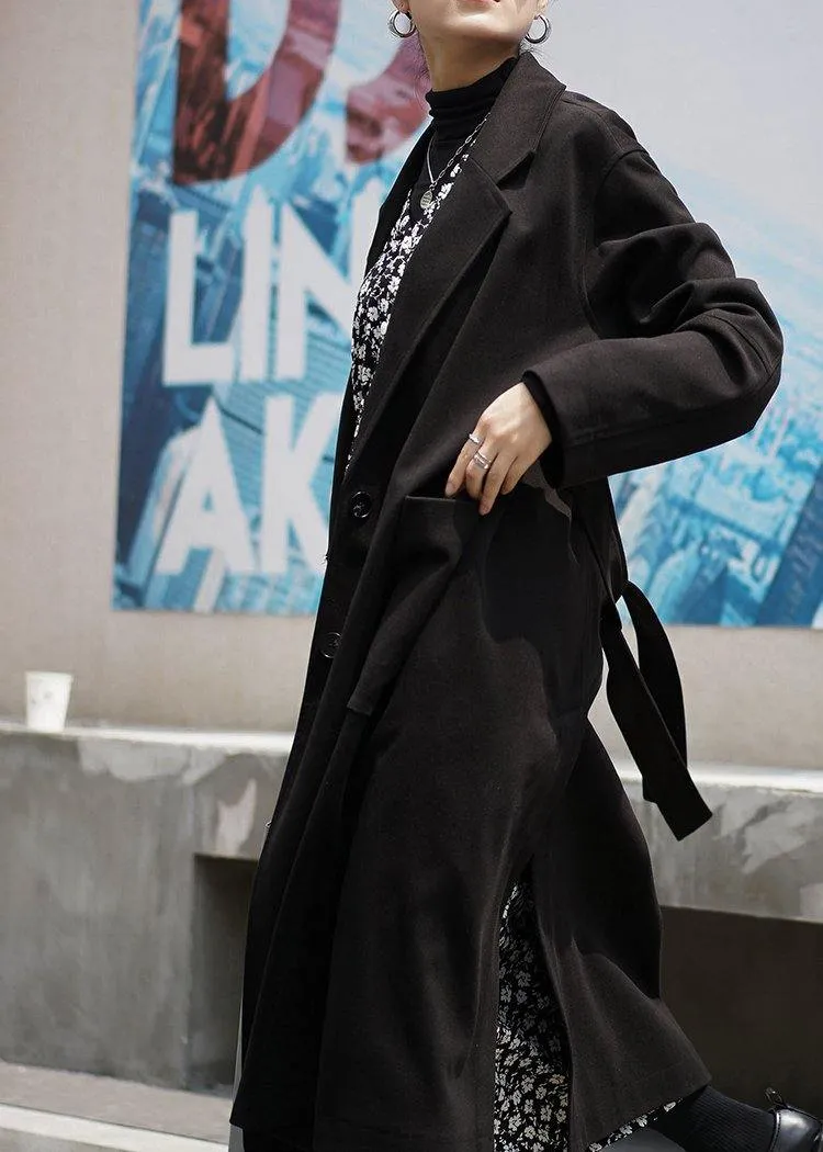 Fashion plus size long coat woolen outwear black Notched tie waist coats