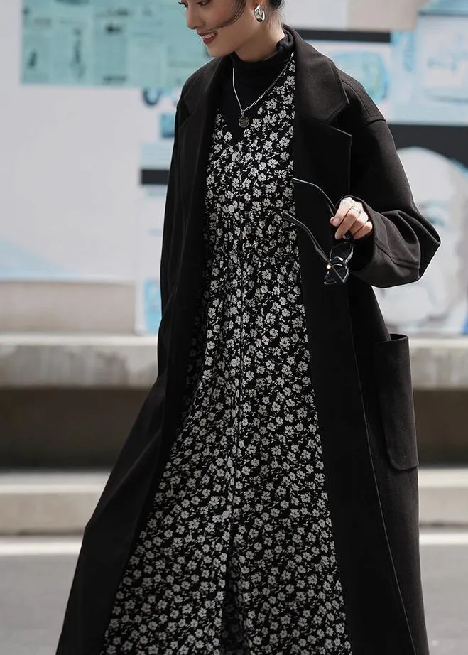 Fashion plus size long coat woolen outwear black Notched tie waist coats