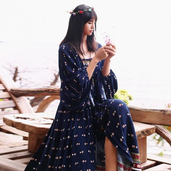 Floral Print Vintage Maxi Dress with Bohemian Lantern Sleeves | Mandala