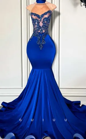 G4592 - Classic Mermaid Illsion Sleeveless Appliques Beaded Blue Velvet Court Train Formal Prom Gown