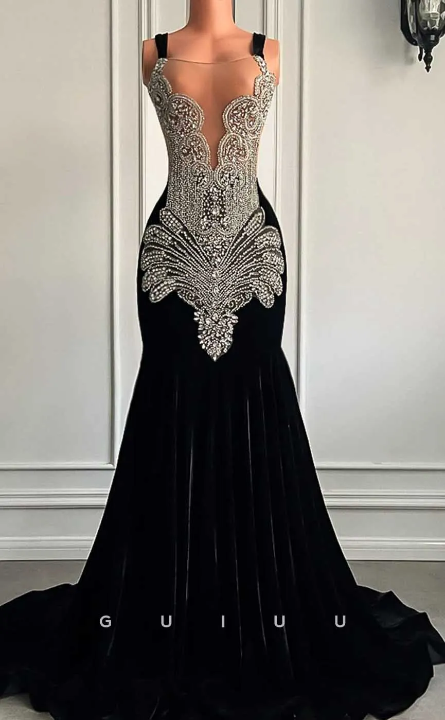 G4597 -  Mermaid V Neck Straps Sleeveless Crystal Velvet Formal Prom Dress with Train