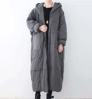 Gray Casual Long Hooded Puffer Coat,Loose Winter Women Down Jacket AMT1008