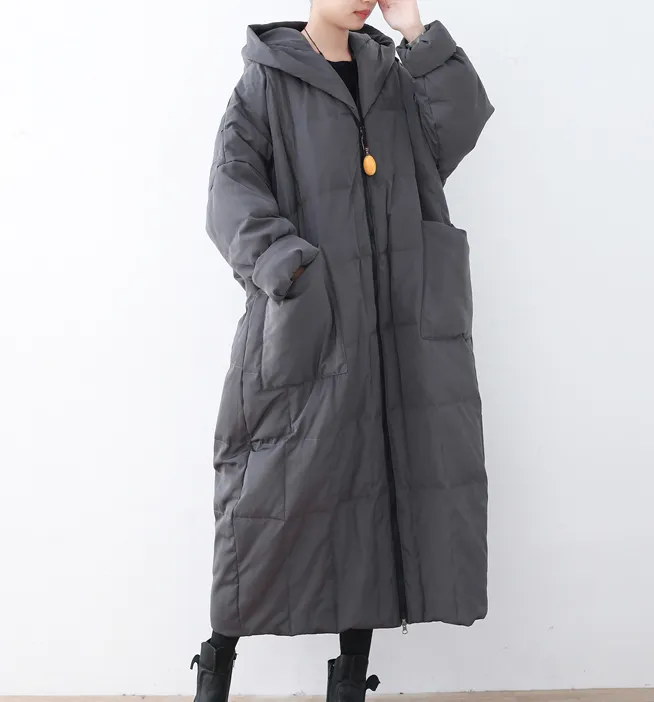 Gray Casual Long Hooded Puffer Coat,Loose Winter Women Down Jacket AMT1008