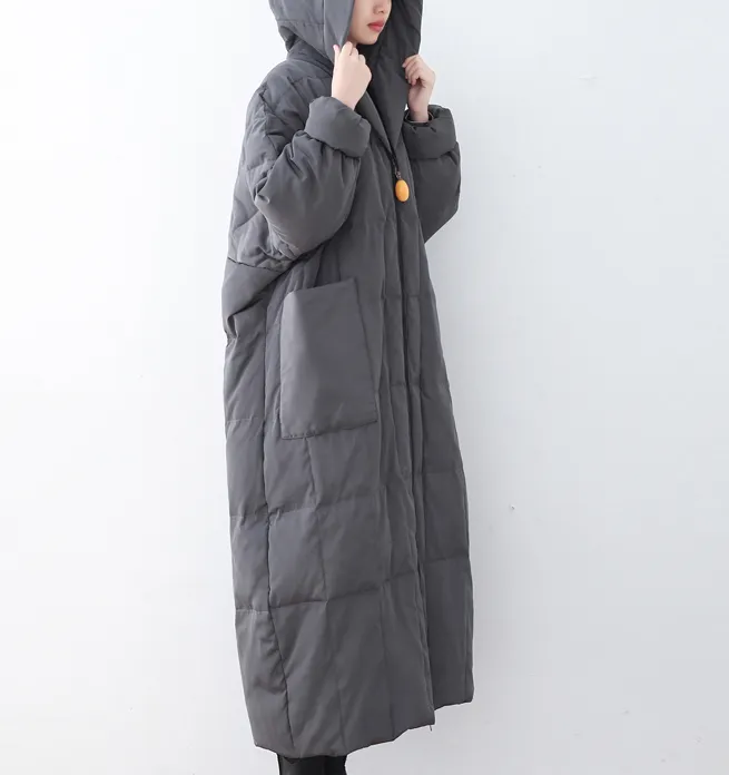 Gray Casual Long Hooded Puffer Coat,Loose Winter Women Down Jacket AMT1008