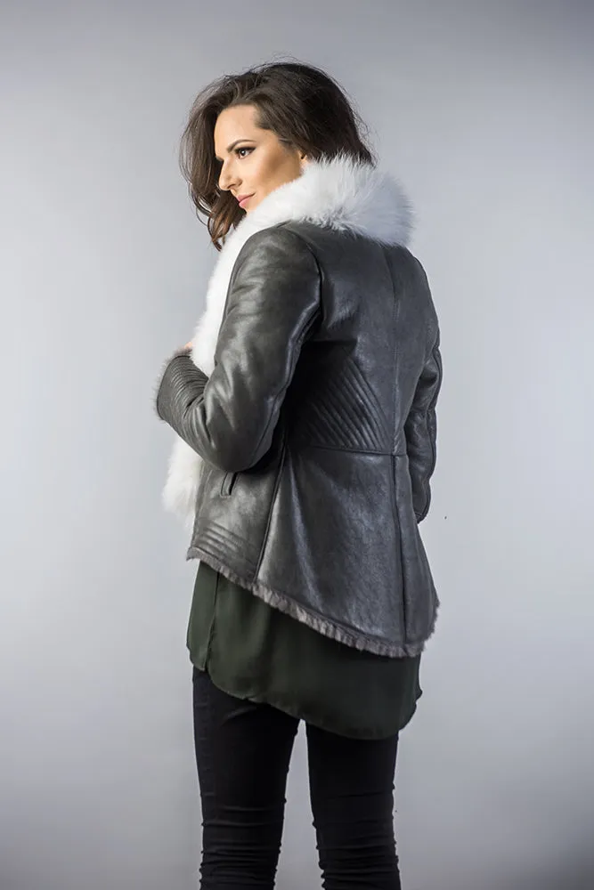 Gray Merino Shearling Jacket with Arctic Fox Fur Collar