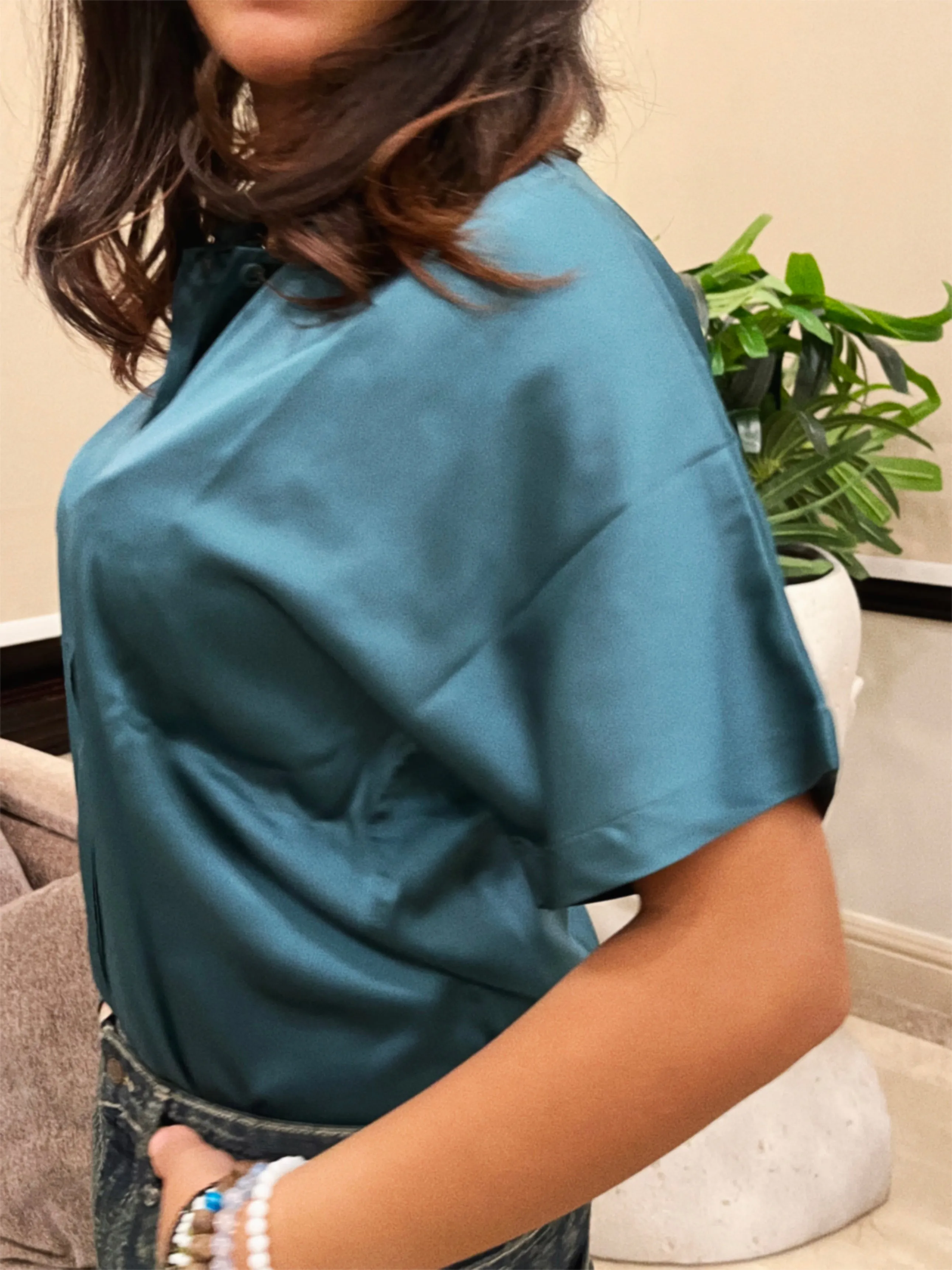 Green Shine On Satin Blouse