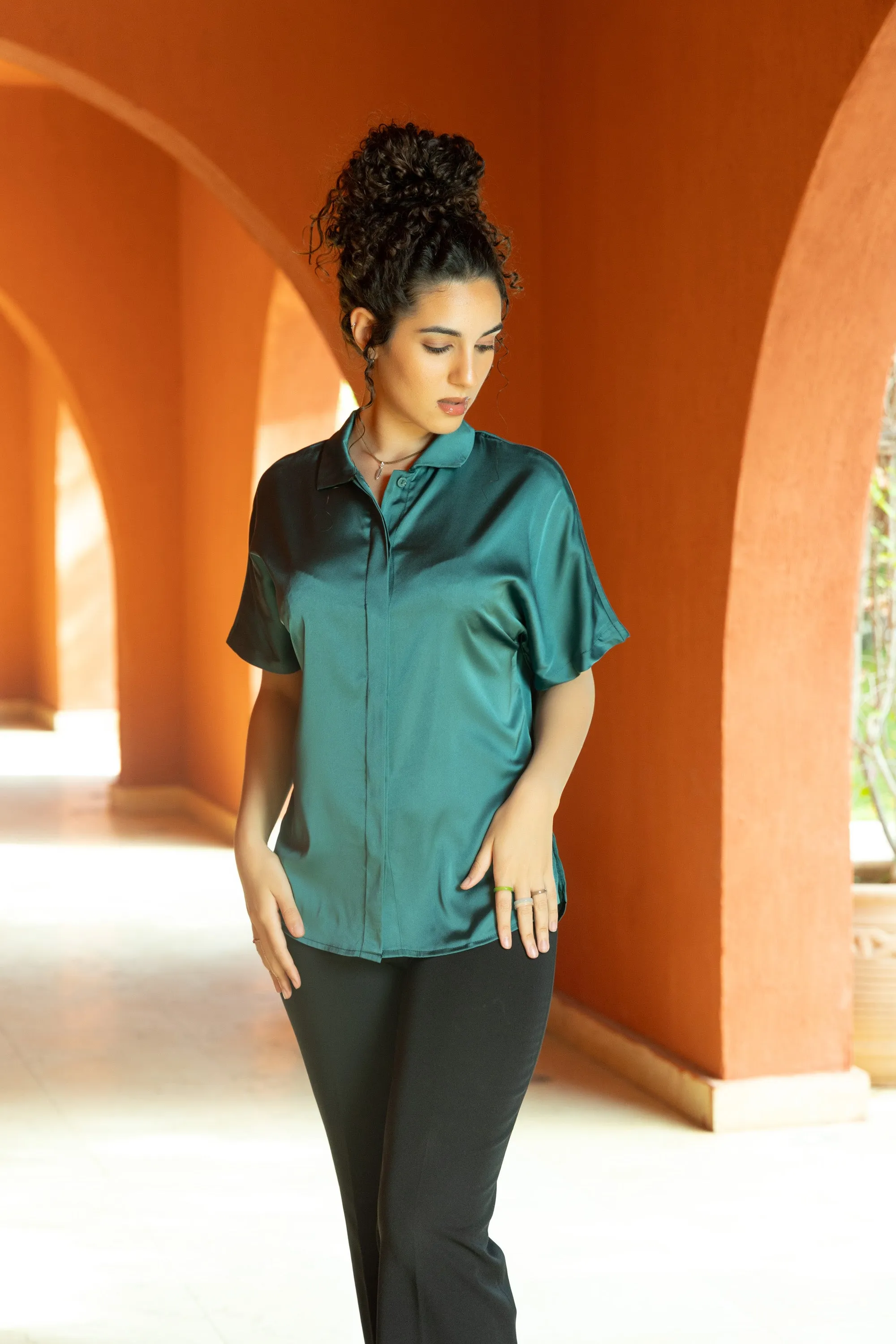 Green Shine On Satin Blouse