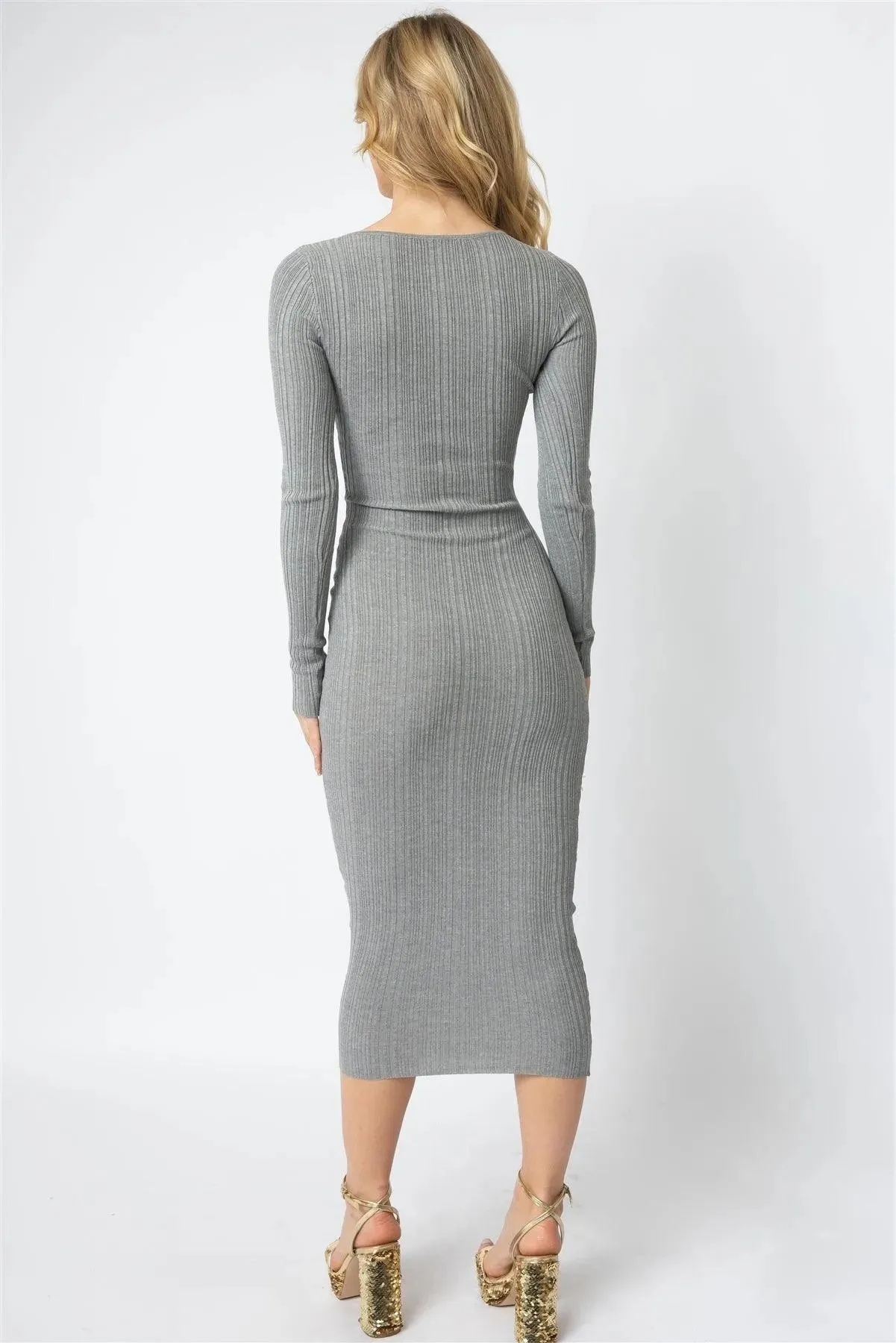 Grey Knit Textured Long Sleeve Slim Fit Midi Dress /3-2-1