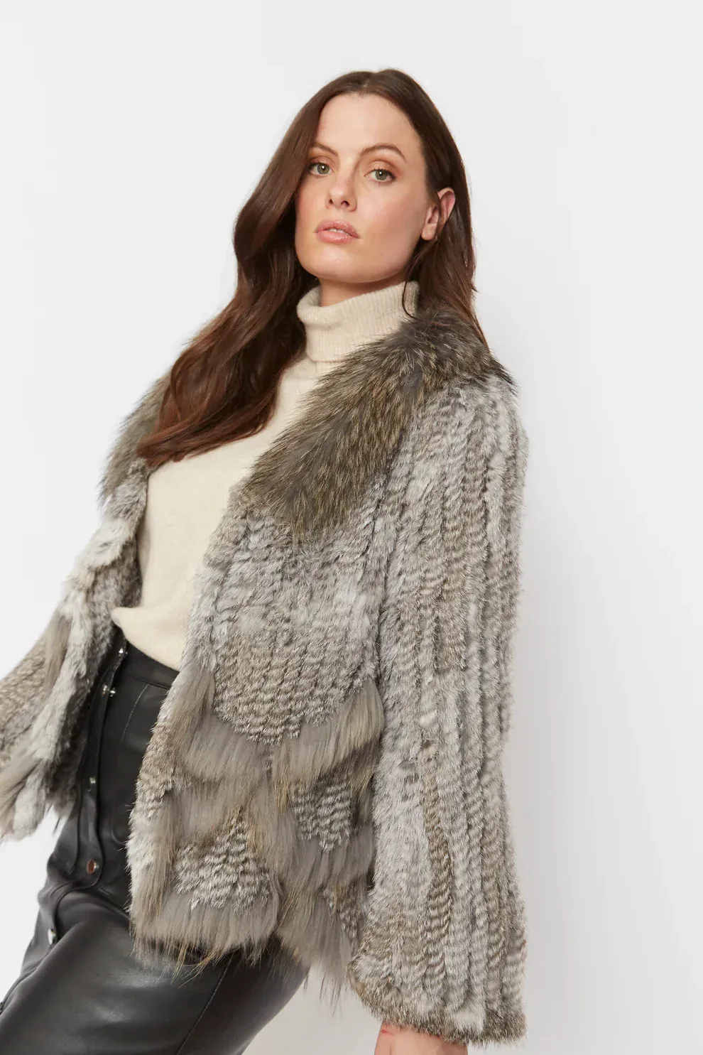 Grey Scalloped Coney Fur Jacket With Fox Fur Collar