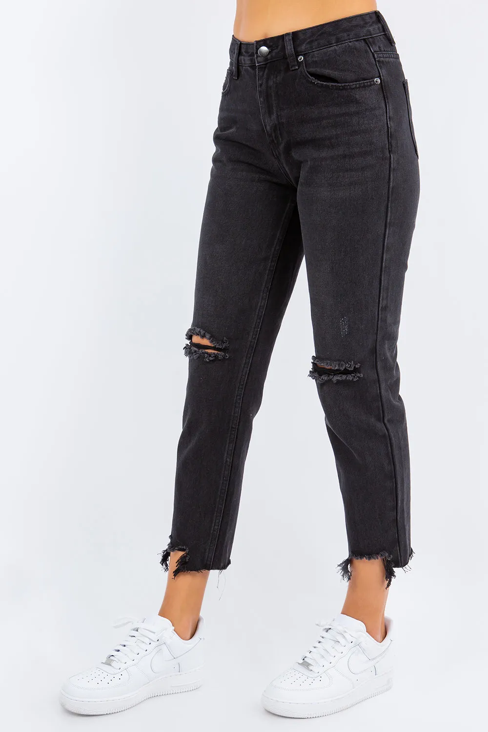 High Waist Distressed Cropped Straight Jeans