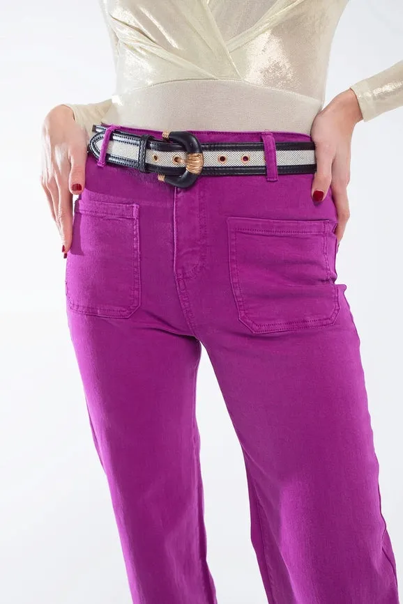 High Waisted Front Pockets Flare Jeans in Magenta