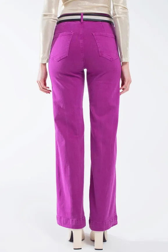 High Waisted Front Pockets Flare Jeans in Magenta