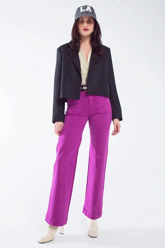 High Waisted Front Pockets Flare Jeans in Magenta