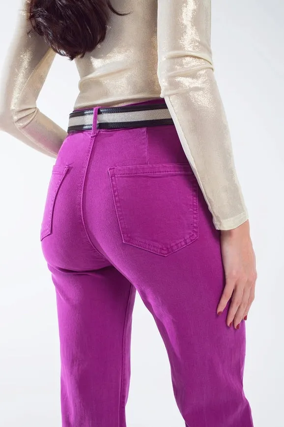 High Waisted Front Pockets Flare Jeans in Magenta